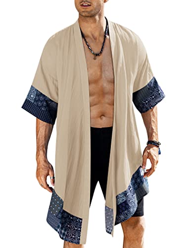 COOFANDY Ruffle Shawl Collar Cotton Cardigan Long Kimono Jackets Open Front Drape Cape Coat - Khaki - 3X-Large