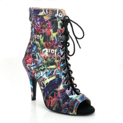 Sierralynn - Graffiti Print Lace Up Open Toe Stiletto Heel Ankle Boot