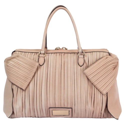Valentino Nude Pink Leather Bow Embellished Pleated Handbag