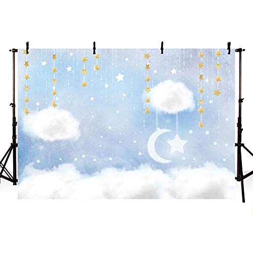 MEHOFOTO Blue and White Cloud Photo Studio Backdrop Props Prince Birthday Boy Baby Shower Party Decorations Hanging Gold Stars Twinkle Twinkle Little Stars Photography Background Banner 7x5ft - 7x5ft - Blue