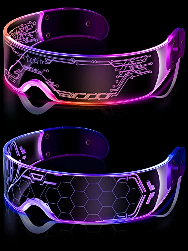 TOODOO 2 Pairs LED Visor Glasses 7 Colors Futuristic Glasses 4 Modes Light Up Glasses Honeycomb Luminous Glasses for Adults - Elegant Style