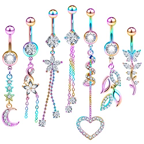 Uzgtvy 7PCS 14G 10mm Stainless Steel Dangle Belly Button Rings for Women Belly Piercing CZ Inlaid - Rainbrow
