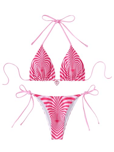 GORGLITTER Women's Y2K Heart Print Bikini Set Sexy High Cut Thong Swimsuit Cheeky Triangle Bathing Suits - Medium - Hot Pink
