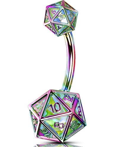 OUFER 14G Belly Rings, 20 Sided Dice Icosahedron 316L Stainless Belly Button Rings, DND Navel Piercing Jewelry, Curved Barbells - Rainbow