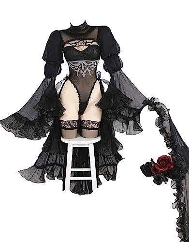 miccostumes Women Adult Costume Anime Wedding Bride Cosplay Black Bridal Bodysuit with Veil and Gloves - Medium