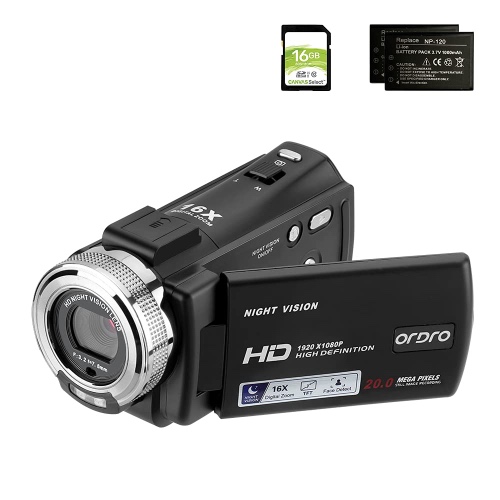 Camcorders ORDRO HDV-V12 HD 1080P Video Camera Recorder Infrared Night Vision Camera Camcorders with 16G SD Card and 2 Batteries