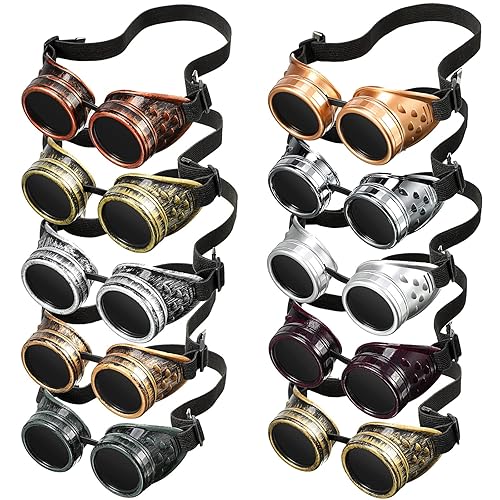 Yunsailing 10 Pair Halloween Retro Victorian Steampunk Goggles Glasses Vintage Cyber Punk Gothic Sunglasses(Metallic Colors)