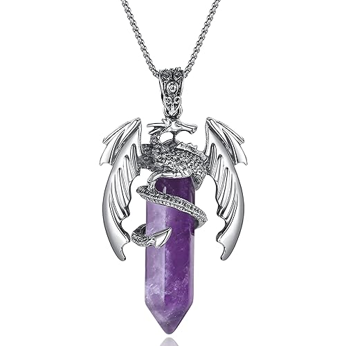MAIBAOTA Dragon Pendant Necklaces for Men Women Amethyst Crystal Pointed Necklace Natural Healing Crystal Stones Reiki Quartz Gemstone Jewelry - Amethyst Crystal