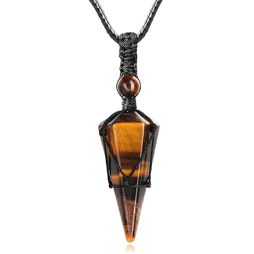 XIANNVXI Healing Crystal Stone Necklace 7 Chakra Crystals 6 Facet Gemstone Pointed Pendant Necklaces Adjustable Rope Natural Reiki Spiritual Jewelry for Men Women - Tiger Eye Stone