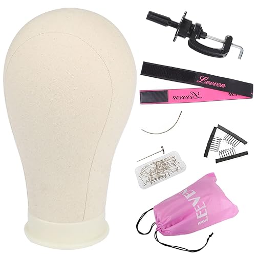 Leeven 21"-24" Canvas Wig Head Poly Manikin Head for Making Wigs Professional Mannequin Head with 20 Pcs T Pins and Clamp Stand 23 Inch - 23 Inch (Pack of 1)
