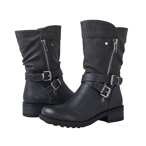 Riding Short Boots for Women Steampunk PU Leather Knight Boots Fashion Low-Heel Ankle Boots with Bilateral Zipper - Black - 40