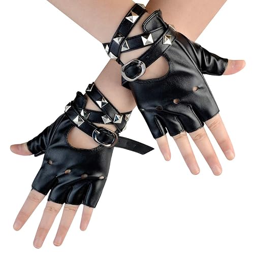 Nydotd Women Punk Rivets Half Finger PU Leather Performance Costume Fingerless Gloves - Black