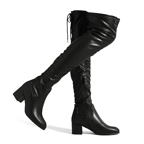 DREAM PAIRS Women's Laurence Over The Knee Thigh High Chunky Heel Boots Long Stretch Sexy Fall Boots - 9.5 - Black/Pu