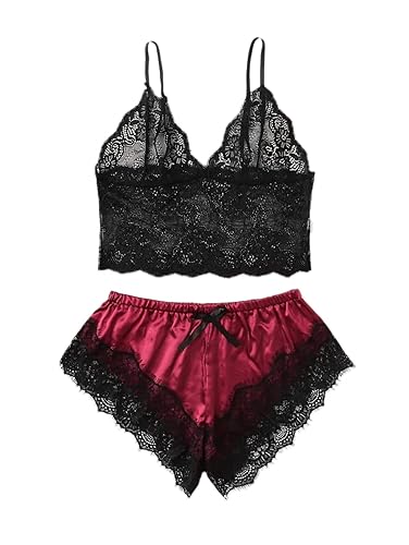 SOLY HUX Women's Plus Size Lingerie Set Spaghetti Strap Lace Trim Bralette and Shorts Sleepwear Pajama Set - X-Large Plus - Multicoloured