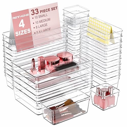 RETHONE 33 PCS Desk Organizer, 4-Size Versatile Drawer Dividers Trays, Plastic Clear Drawer Organizer Set for Makeup Utensil Gadgets Jewelry Bathroom Kitchen Office Bedroom Home Organization - 33PCS