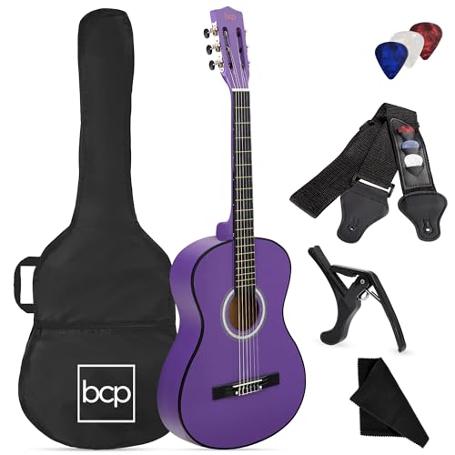 Best Choice Products 38in Beginner All Wood Acoustic Guitar Starter Kit w/Gig Bag, 6 Celluloid Picks, Nylon Strings, Capo, Cloth, Strap w/Pick Holder - Purple - Purple