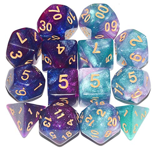 DND Dice 2 X 7Sets, 14Pieces Glitter Sparkle Cosmic Mixed Polyhedral DND Dice for RPG MTG Table Game Dice
