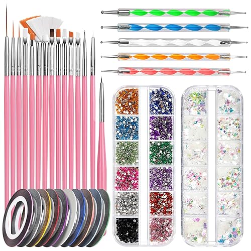 FANDAMEI Nail Art Pinsel Set, 15 Stücke Pinsel Für Gelnägel Nagel Pinsel, 5 Stücke Dotted Pen, 10 Rolle Streifenband Nägel, Strasssteine Nägel, Ultra Dünn Nagel Pailletten für Nagelkunst Maniküre Set - Rosa