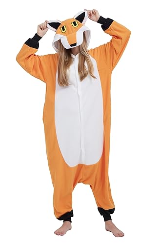 SAMGU Damen Jumpsuits Onesie Tier Unisex Kigurumi Schlafanzug Cosplay Kostüm Erwachsene Pyjamas Hoodie Halloween Fasching Herren Sleepwear - Fuchs - L