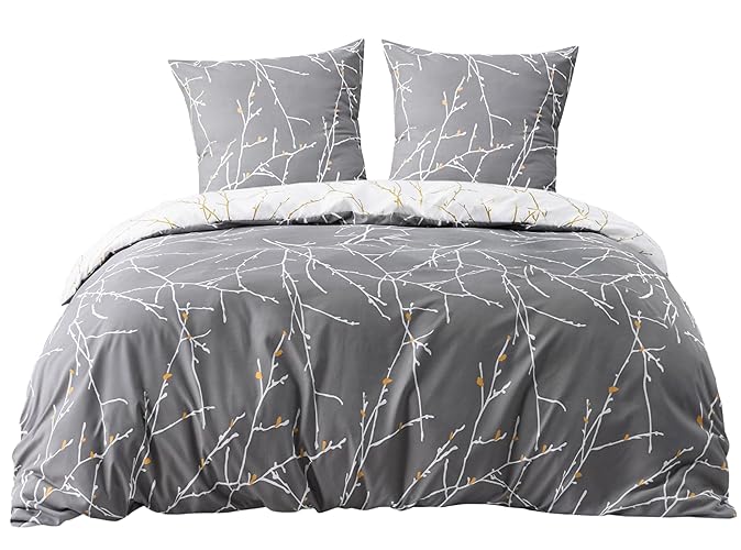 BEDSURE Bettwäsche 200x220 Baumwolle Grau - Bettwäsche-Sets 200 x 220 cm Bettbezug 3teilig mit 2 Kissenbezüge 80x80 cm, Bettwäsche Warm mit Reißverschluss Zweige Muster - 220 x 200 cm - Grau/ Beige/ Orange