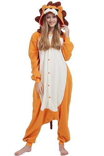 SAMGU Damen Jumpsuits Onesie Tier Unisex Kigurumi Schlafanzug Cosplay Kostüm Erwachsene Pyjamas Hoodie Halloween Fasching Herren Sleepwear - Löwe - L