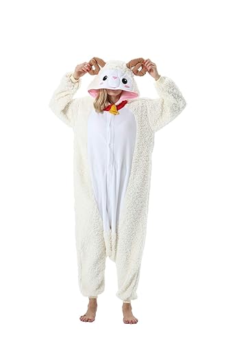 SAMGU Damen Jumpsuits Onesie Tier Unisex Kigurumi Schlafanzug Cosplay Kostüm Erwachsene Pyjamas Hoodie Halloween Fasching Herren Sleepwear - Ziege - L