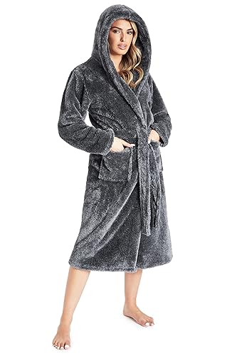 CityComfort Bademantel Damen Flauschig, Fleece Morgenmantel Damen Dressing Gown Women - M Hellgrau/Weiss