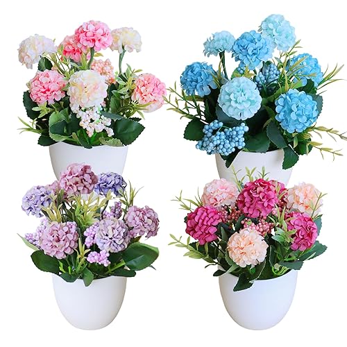 XIAQICA 4 Künstliche Blumen im Topf Mini Kunstpflanze Künstliche Pflanzen Klein Chrysantheme Tischdeko Innen Außenbereich DIY Blumenarrangements Grünpflanzen für Balkon Zuhause Büro Wohnzimmer Deko