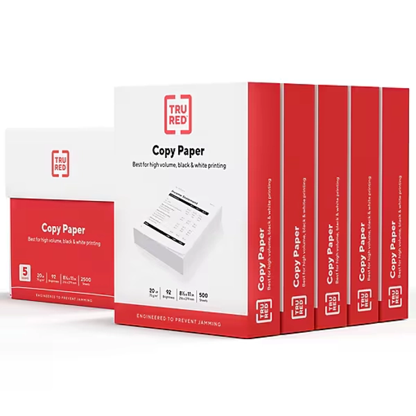 TRU RED™ 8.5" x 11" Copy Paper, 20 lbs., 92 Brightness, 500 Sheets/Ream, 5 Reams/Carton (TR56960)