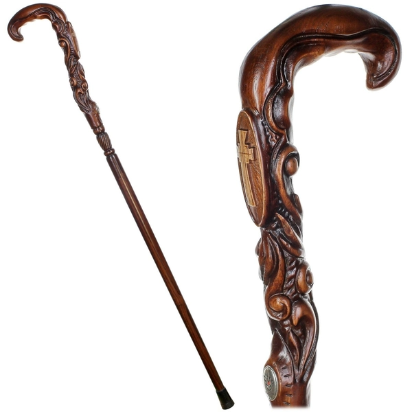Pilgrims Walking Stick Cane Christian Cross wood Hand carved handle wooden Art
