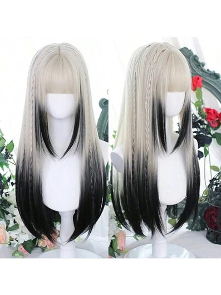 Synthetic wig head cover white gradient black long straight hair wig cosplay wig 26 inch gradient long straight hair
