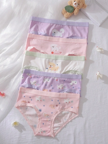 5-Piece Tween Cute Puppy Print Cotton Ruffle Trim Briefs For Older Girls