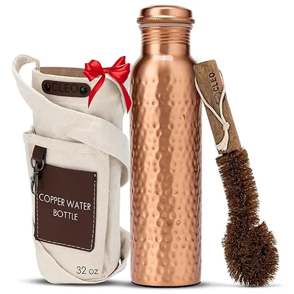 AVA DESIGNZ CLEO HOME 100% Pure Copper Water Bottle for Drinking, 32 Oz Large Hammered Ayurvedic Copper Bottle with Canvas Bag & Cleaning Brush, Leak-Proof Insulated Pure Copper Vessel - Yoga Edition Combo with Bag & Brush