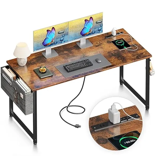 Casaottima Computer Desk, 54 inch Office Desk with Storage Bag, Writing Work Desk with Charging Station Outlets Built-in for Home Office, Study, Large Legroom, Metal Frame, Rustic - Rustic - 54 inch