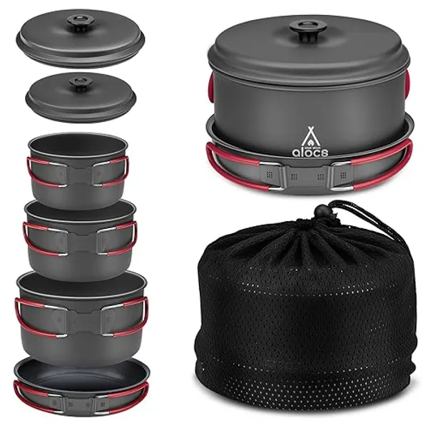 Alocs Camping Cookware Set Camping Gear, Compact Camping Pots and Pans Set, Durable Hard Alumina Camping Cooking Set for Outdoor Backpacking Camping Hiking Picnic, Included Mesh Carry Bag. - 2.2L+1.2L+1L pot+7.5"pan