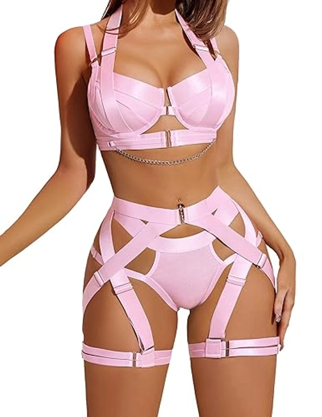 Avidlove Lingerie Set for Women Sexy Strappy Lingerie Underwire Push Up Bra Garter Set Lingerie with Chain