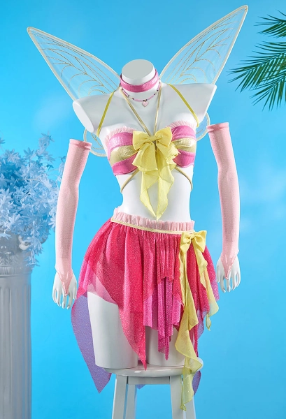 Fairy Club Musa Derivative Two Piece Swimsuit Bowknot Top and Irregular Skirt Bathing Suit with Hand Sleeves Choker