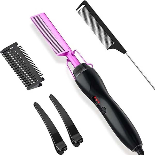 Hot Comb, Electric Hot Comb Hair Straightener for Wigs, Professional Ceramic High Heat Press Comb, Multifunctional Copper Hair Curler, Portable Anti-Scald Beard Straightener (Purple)
