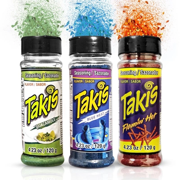 Takis Powder Flamin Hot, Blue Heat & Guacamole 3 Pk, Takis Seasoning Dust 120 gr 3 Pk for Fruit, Popcorn, Corn, Chamoy Pickle Kit, Polve De Takis Fuego, Chili Powder, Wing Seasoning, Mexican Spicy Flavor Default