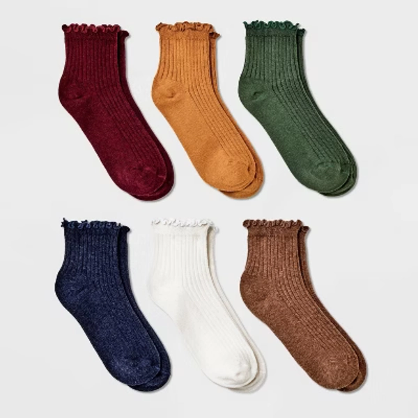 Women's Lettuce Edge 6pk Ankle Socks - A New Day™ Jewel Tones 4-10: Ruffle Trim, Flat Seams, Knit Fabric