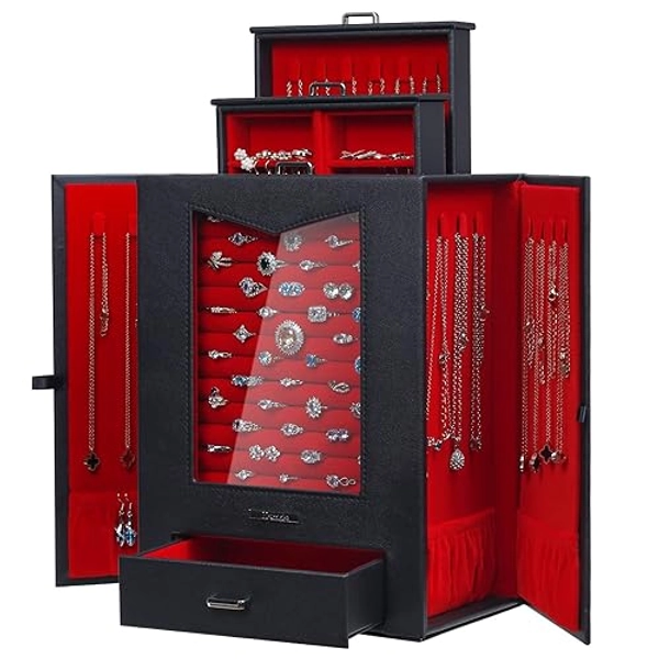 Homde Jewelry Organizer with Transparent Window Necklace Hooks Gift for Women Jewelry Box Display Case for Necklaces Rings Earrings Bracelets and Other Jewelry Accessories (Black + Red)