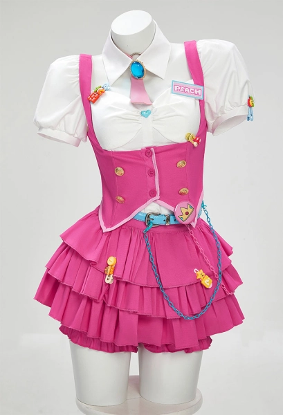 Peach Derivative Uniform Style Outfit Short Sleeved Shirt and Vest with Skirt Belt Set Cosplay Costume