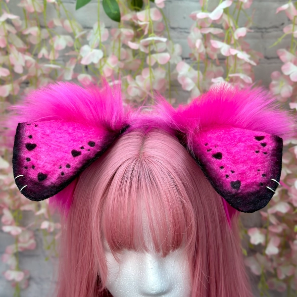 UV Pink and Black Floppy Puppy Ears and Tail set pink and black doggy ears cute neon pink dog ears with tail cosplay ears