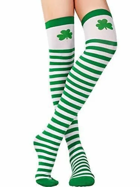 LKQBBSZ St. Patrick's Day Thigh High Stocking Over Knee long Socks for Women- Lucky Shamrock For Irish Green Lucky Gifts, Green, Large