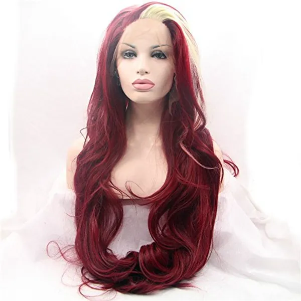 xiweiya wigs blonde mixed color long body wave 13*3 lace front wig with heat resistant fiber glueless half hand tied matte wine red color natural wavy synthetic wigs for women,drag queen