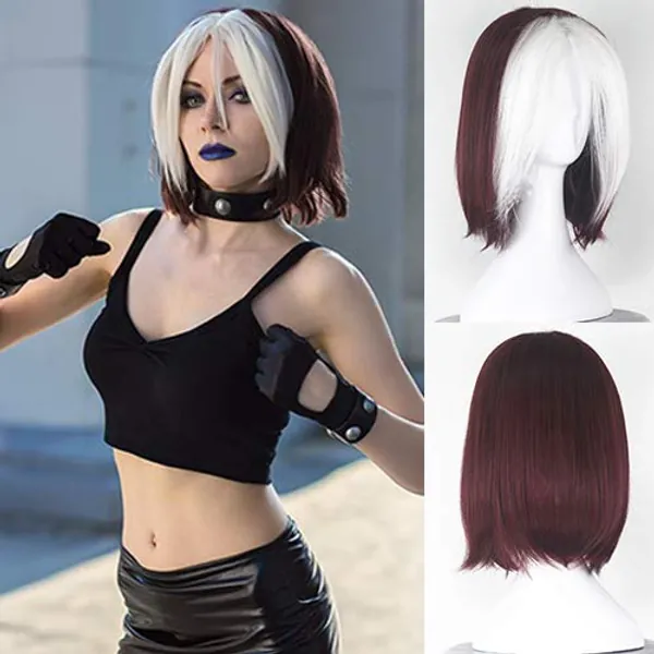 Blue Bird Movie X-Men of Rogue Cosplay Wig Short Straight Wine Red with White Color Synthetic Costume for Women Heat Resistant Fiber for Girls Halloween Party Show