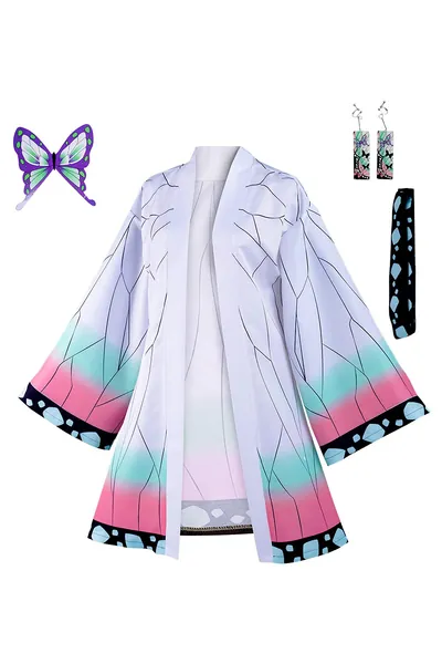 Haydory Womens Kochou Shinobu Cosplay Costume Shinobu Kimono Cloak Cloak BathRobe Full Set Halloween Suit with Hairpin