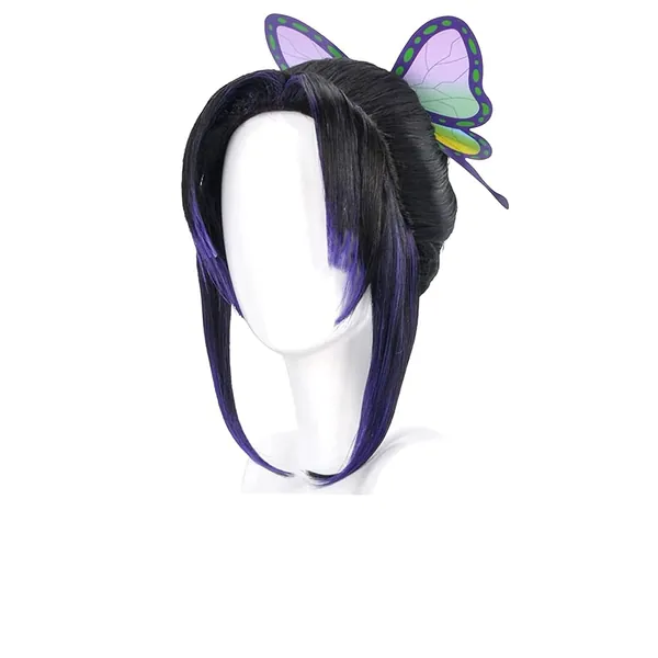 SKYBEAUTY Kochou Shinobu Cosplay Wigs with Butterfly Hairpin Short Purple and Black Ponytails Wigs for Women Men