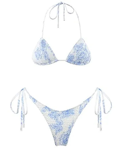VOLAFA Women's Triangle Bikini Set String Swimsuit Print Tie Smocked Ruched Two Piece Bathing Suit - 4 - Light Blue
