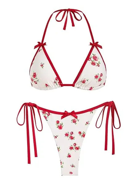 ZAFUL Women's Sexy Halter Bikini Sets Bow Decor Tiny Floral Print Bikini Swimsuits Tie Side Triangle Bathing Suits - Small - 1-red